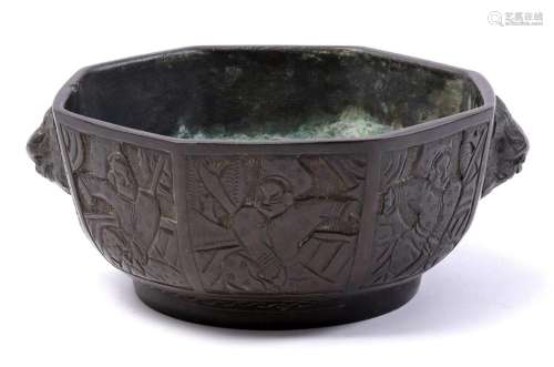 Bronze ocotogonal decorated bowl