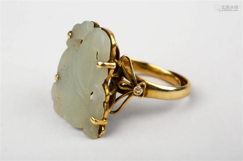 SILVER INLAID WHITE JADE RING, QING DYNASTY