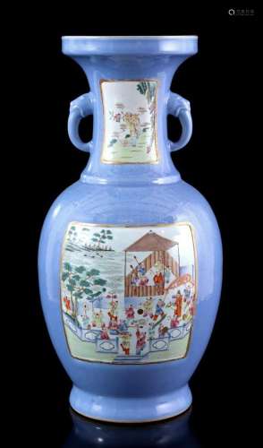 Porcelain monochrome light blue colored ear vase