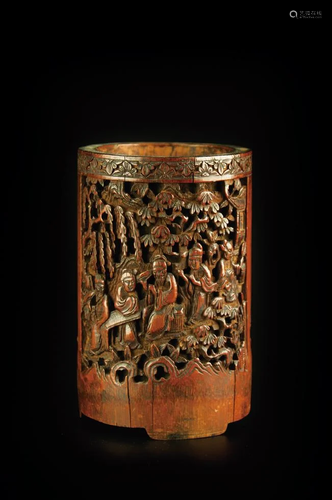 A BAMBOO BRUSH HOLDER CARVED PHOENIX AND FIGURES, LATE QING ...