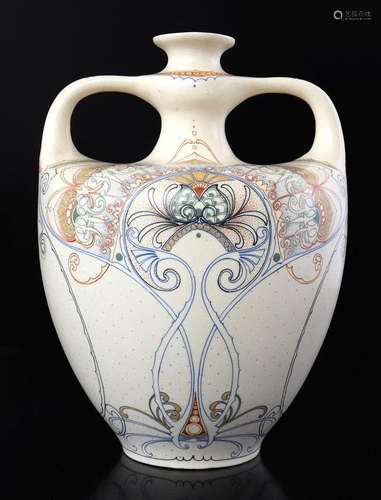 Plateel vase with linear decor, Arnhemsche Fayence