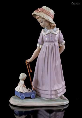 Lladro porcelain statue, Girl with toy wagon
