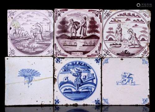 6 antique Dutch tiles with blue and manganese décor