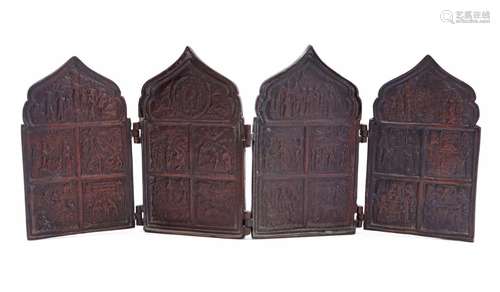 Bronze four-panel icon with various religious scenes