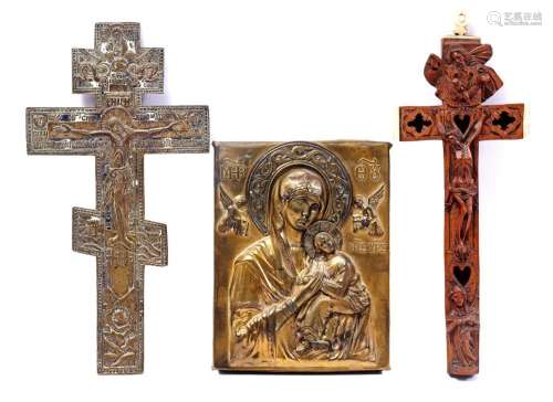 Brass Russian Orthodox crucifix with remains of enamel
