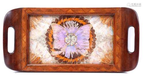 Wooden tray with marquetry edge and pattern