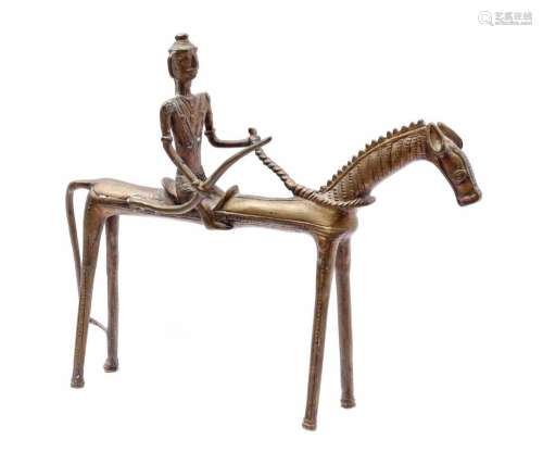 Bronze sculpture group of a rider on horseback