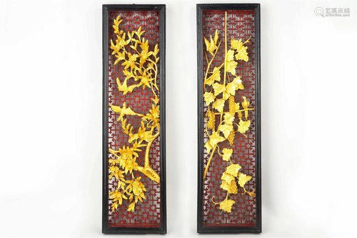 A PAIR OF GOLDEN LACQUER WOODCARVINGS OF FLOWERS AND BIRDS, ...