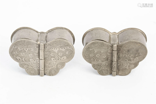 A PAIR OF CUPRONICKEL BUTTERFLY SPICE BOXES, REPUBLIC OF CHI...