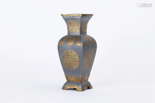 COPPER INLAID TIN 'SHOU' PATTERN SQUARE VASE, REPU...