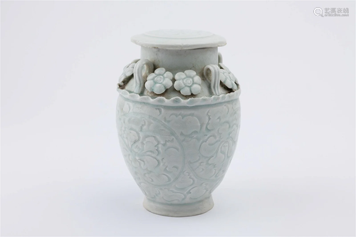 A 'QING BAI' LOBED FLORAL JAR AND COVER, MING DYNA...