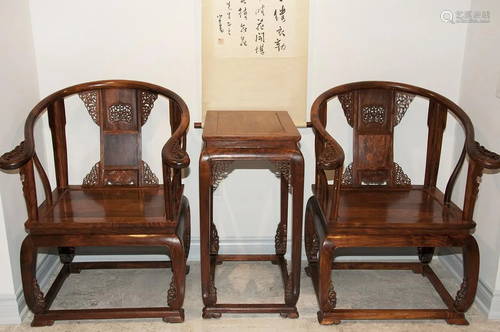 A PAIR OF 'HAI NAN HUANG HUA LI' CHAIR AND TEATABL...