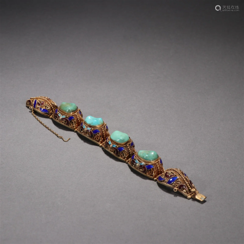 A Fine Gilt-Silver Inlaid Turquoise Bracelet
