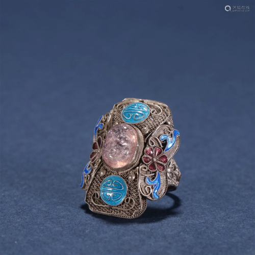 A Finely Gilt-Silver Inlaid Tourmaline Ring