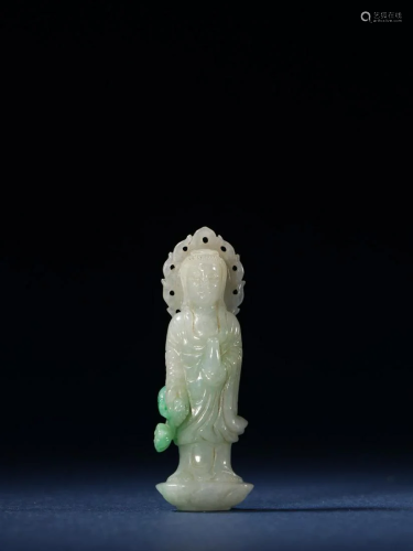 A Rare Carved Jadeite Figure of Guanyin