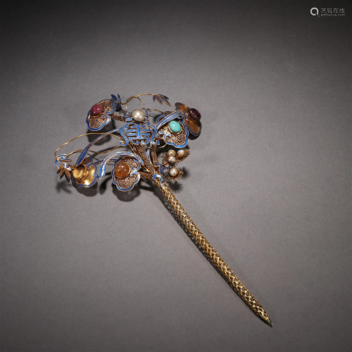 A Fine Gilt-silver Inlaid Gems Hairpin