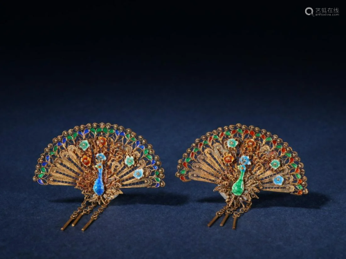 A Delicate Pair of Gilt-Silver Inlaid Gems Broochs