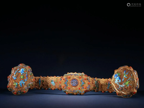 A Rare Gilt-Silver Inlaid Gems Ruyi Scepter