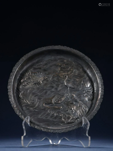 A Fine Silver Plate With Crane Pattern