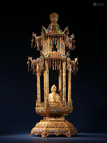 A Very Fine Gilt-Silver Inlaid Gems Stupa