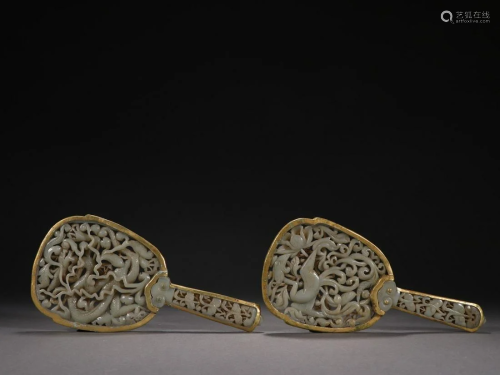 A Pair of Jade Inlaid Gold Fans Ornament