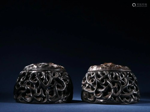 A Pair of Zitan Wood Carved Censers