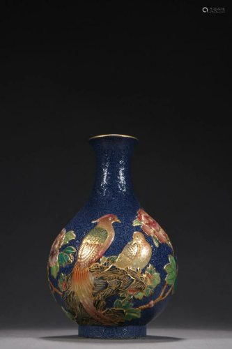 A Bule Glazed and Enamel 'Flower and Bird' Vase