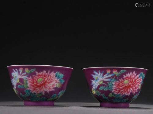 A Pair of Eggplant Glazed and Enamel Cups