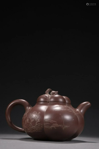 A Fine Yixing Clay Pumpkin Shape Teapot
