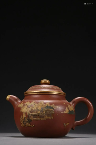 A Yixing Clay and Painted Gold Teapot