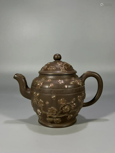 A Very Rare Zisha Carved Palace Lantern Teapot With Flower