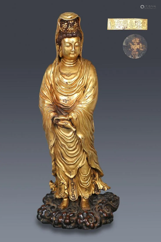 A Fine Gilt-bronze Figure of Guanyin