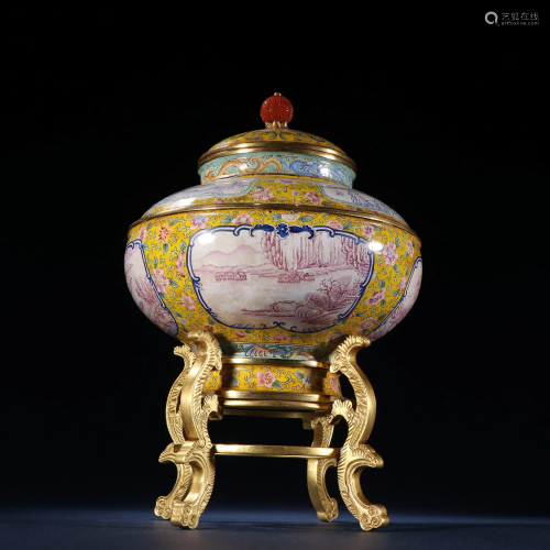 A Rare Bronze Painted Enamel Censer With Cover