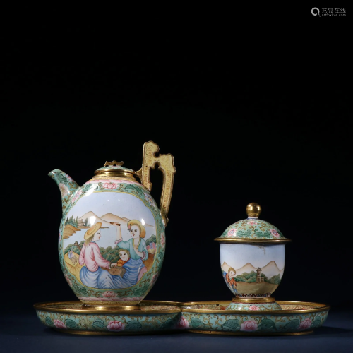 A Set of Fine Bronze Painted Enamel Teapot and Cup