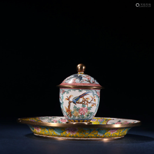 A Bronze and Painted Enamel Cup and Dish
