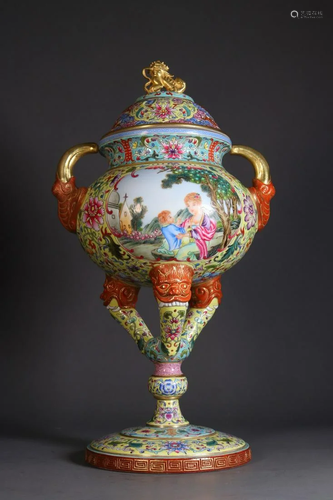 A Rare Bronze Painted Enamel High Foot Censer