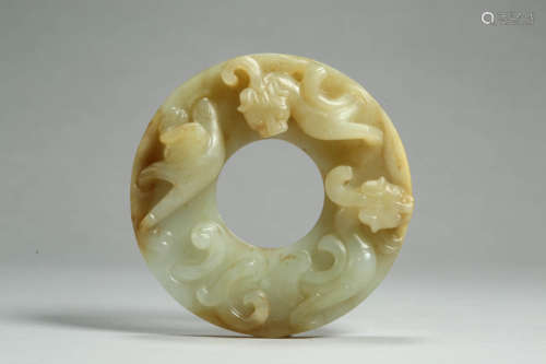 Carved Russet Jade Dragon Disc Bi