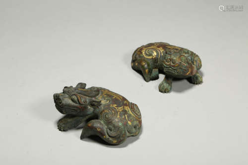 Pair of Gold and Silver Inlaying Bronze Mythical Beasts