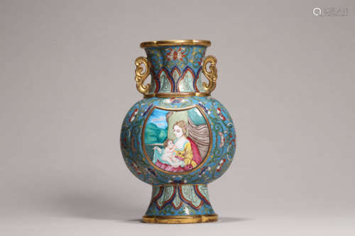 Cloisonne Enamel Figure Double-Eared Vase Qianlong Mark