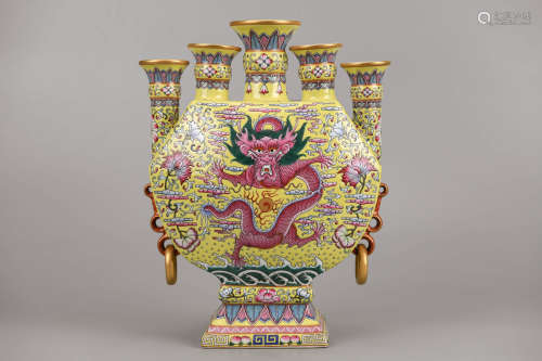 Famille Rose Dragon Five-Spouts Vase Qianlong Mark