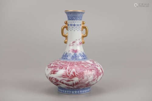 Falangcai Glaze Landscape and Figure Vase Qianlong Mark