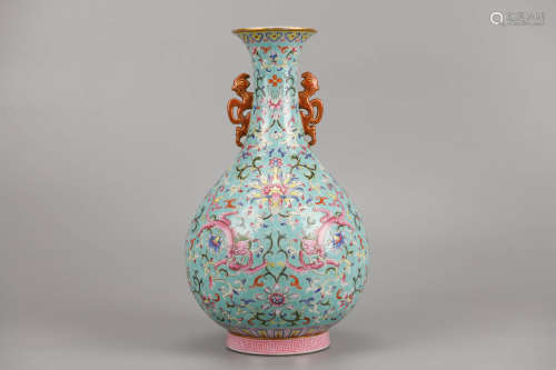 Famille Rose Turquoise-Ground Double-Eared Vase Qianlong Mar...