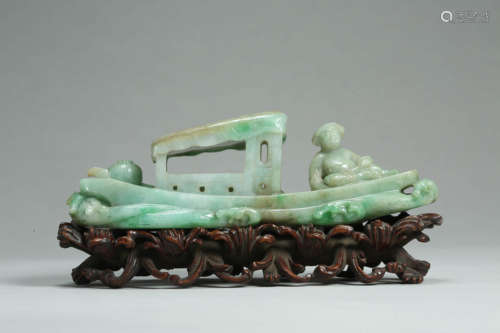 Carved Jadeite Boat and Figure Ornament