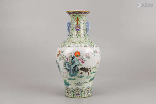 Famille Rose Three-Ram Vase Jiaqing Mark