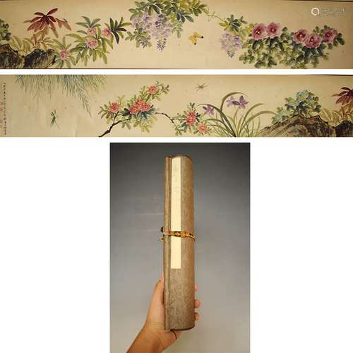 Chinese Flower and Bird Painting Hand Scroll, Mei Lanfang Ma...