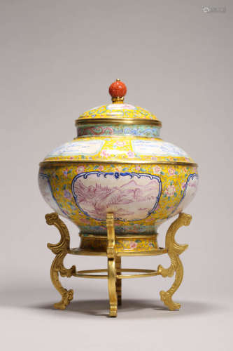 Enamel Bronze Landscape Box and Cover Qianlong Mark