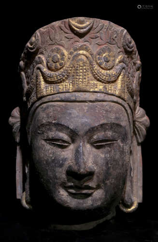 Gilt and Painted Limestone Head of Bodhisattva