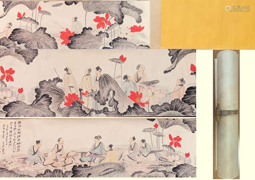 Chinese Lotus Painting Hand Scroll, Zhang Daqian Mark