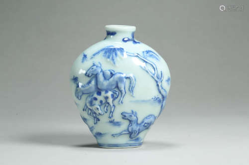 Blue and White Horse Snuff Bottle