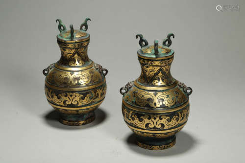 Pair of Gold Inlaying Bronze Dragon Vessels